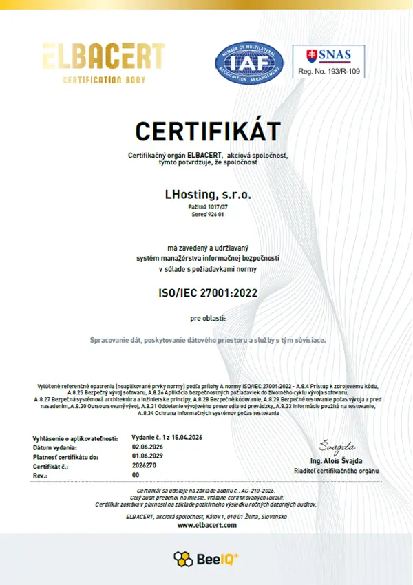 Certifikát ISO/IEC 27001:2022
